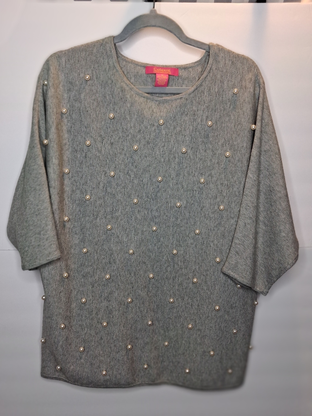 Catherine Malandrino Pearl-Studded Heather Grey Knit 3/4 Sleeves Sweater Top